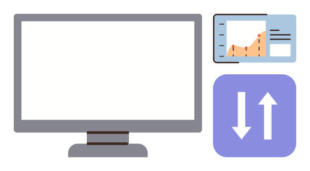 Computer monitor with blank screen next to a graph chart panel and a data transfer icon. Ideal for...
