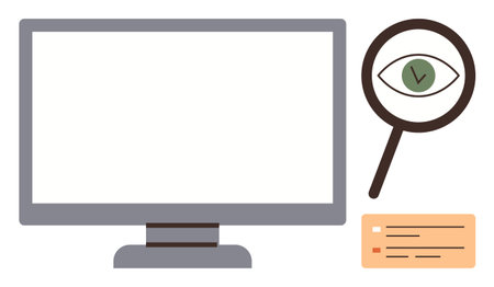 Computer screen beside magnifying glass with an eye and checkmark, highlighting focus on surveillance, analysis, and approval. Ideal for research, monitoring, technology, security, inspectionのイラスト素材