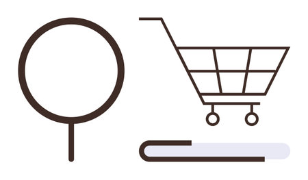 Magnifying glass, shopping cart, and book object symbolizing search, e-commerce, knowledge, and retail. Ideal for online shopping, research, education commerce digital libraries browsingのイラスト素材