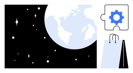 Earth in space with stars, puzzle piece featuring gear, and shopping bag. Ideal for global business, e-commerce, teamwork, cooperation, technology logistics innovation. Flat simple metaphorのイラスト素材