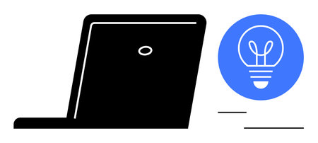 Black laptop silhouette next to blue lightbulb symbol. Ideal for technology, innovation, business, education, entrepreneurship, productivity, marketing, simple landing pageのイラスト素材