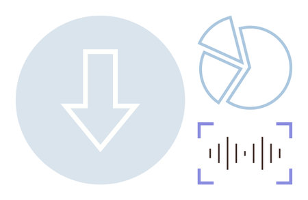 Downward arrow symbolizing data transfer, pie chart showing analytics, audio waveform with brackets symbolizing sound processing. Ideal for technology, app design, data, communication, analysisのイラスト素材