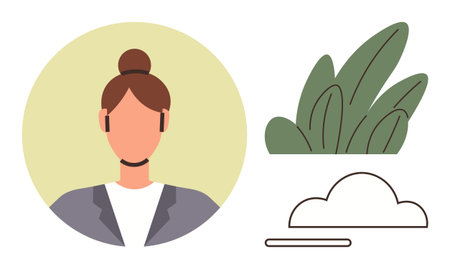 Woman in headset represents communication. Minimalist plants and cloud shape emphasize nature and digital connection. Ideal for customer service, technology, networking, remote work, environmentのイラスト素材