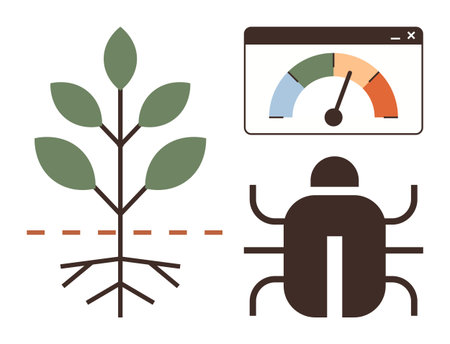 Plant with roots, pest insect figure, and performance gauge interface. Ideal for agriculture, ecology, pest control, crop monitoring, sustainability farming innovation environmental health. Simpleのイラスト素材