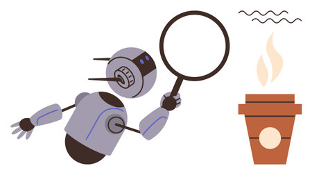 Robot examining steaming coffee cup using magnifying glass, symbolizing curiosity, technology, analytics, and innovation. Ideal for AI, robotics, research, creativity problem-solving curiosityのイラスト素材