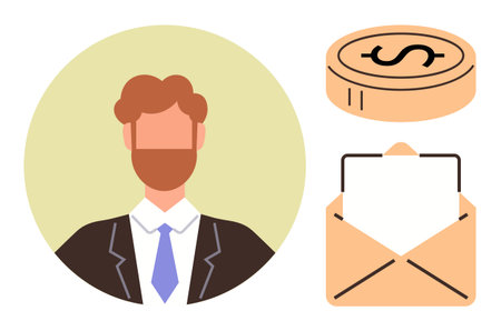 Brown-haired businessman in a suit, coin with dollar sign, open envelope. Ideal for finance, business, communication, marketing, correspondence employment strategy. Simple flat metaphorのイラスト素材