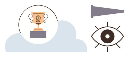 Trophy inside a cloud symbolizing success, alongside eye and telescope icons. Ideal for goals, vision, achievement, strategy, leadership, focus and motivation. Clean simple flat metaphorのイラスト素材