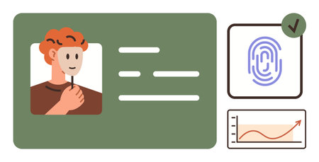 Photo ID with personal details, biometric fingerprint pattern, verified checkmark, and data graph. Ideal for security, authentication, technology, identity, access control analytics personal dataのイラスト素材