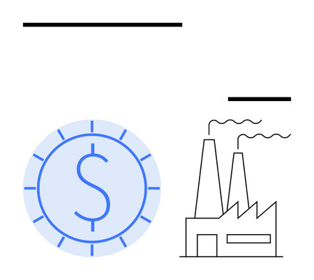 Factory with two smokestacks emitting smoke next to a large dollar coin. Ideal for economy, finance, industry, manufacturing, investment, economic growth, business strategy. Flat simple metaphorのイラスト素材
