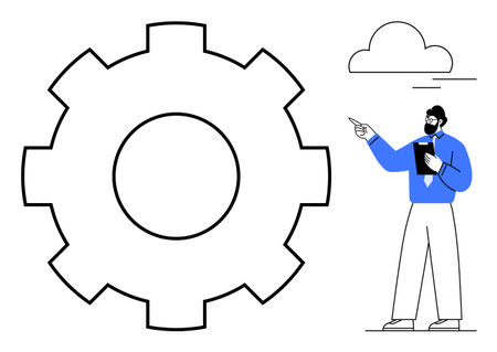 Business professional points at a large gear symbol while holding a clipboard, signifying process optimization, innovation, and teamwork. Ideal for strategy, planning, industry, workflow, managementのイラスト素材