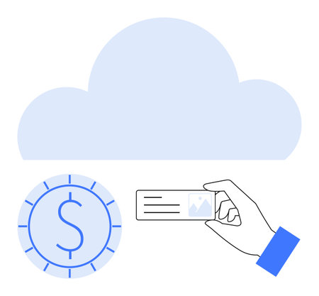 Cloud graphic above digital currency coin and hand holding ID card. Ideal for finance, digital payment, cloud services, identity verification, cybersecurity, data access, online management. Flatのイラスト素材