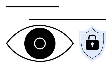 Open eye alongside shield with lock illustrating surveillance, data security, privacy. Ideal for cybersecurity, data protection, technology, surveillance, privacy rights, internet safety simpleのイラスト素材