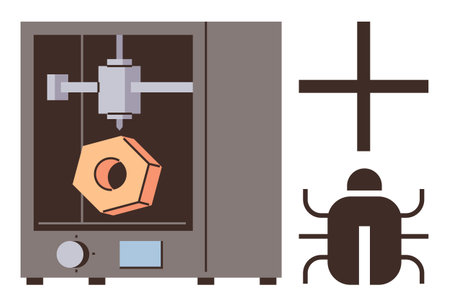 3D printer crafting geometric shape paired with bug and cross icons. Ideal for innovation, technology, engineering, problem-solving, risks, software, and troubleshooting. Simple flat metaphorのイラスト素材