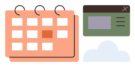 Calendar with highlighted date, web browser interface with navigation, and cloud element suggest digital management. Ideal for scheduling, planning, teamwork, time management, task trackingのイラスト素材