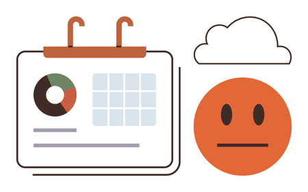 Calendar featuring a chart, grid, and lines beside a cloud and unhappy emotion. Ideal for time management, mood, organization, productivity, planning mental health weather. Simple flat metaphorのイラスト素材