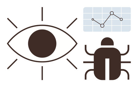Eye symbol, line graph, and bug highlight focus, data analysis, debugging, testing, optimization, software quality tracking trends. Ideal for analytics design coding and development concepts inのイラスト素材