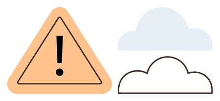 Orange triangular warning sign with black exclamation mark next to two clouds. Ideal for safety, alertness, weather updates, caution, hazard, notifications, environmental risks. Simple flat metaphorのイラスト素材