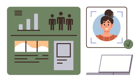 User interface with analytics, profile portrait selection, and laptop. Ideal for technology, data...
