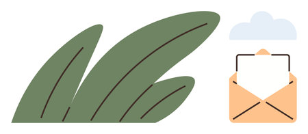 Open orange envelope holding paper next to abstract green leaves and small cloud. Ideal for...