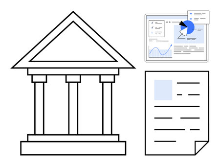 Government building icon with a data dashboard and document. Ideal for governance, finance, legal, policy analysis, research, public administration, institution, simple landing pageのイラスト素材