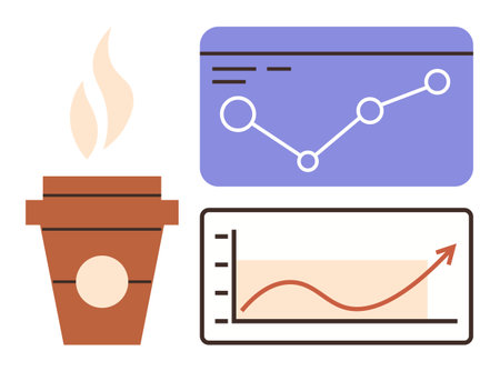 Coffee cup beside line graph and growth chart representing work balance, data analysis, focus, success, and productivity. Ideal for business, team productivity, work culture, analytics goalsのイラスト素材