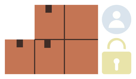 Stacked brown boxes with black tape, light blue person icon, and yellow lock. Ideal for shipping, delivery, data security, logistics, privacy supply chain and e-commerce themes. A simple flatのイラスト素材