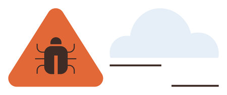 Bug alert inside triangle with cloud icon. Represents system vulnerability, online threats, and digital safety. Ideal for cybersecurity, malware, bug fixing, risk management, IT support dataのイラスト素材