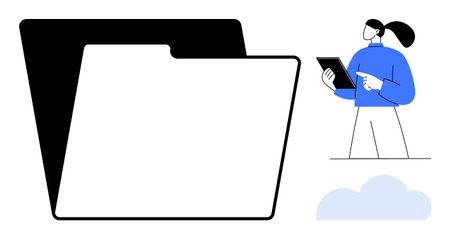 Woman holding a tablet while managing a massive folder icon, representing digital file storage or organization. Ideal for cloud computing, technology, productivity, workflow, business managementのイラスト素材
