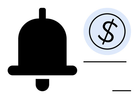 Black bell icon alongside currency symbol in a circle. Ideal for finance, notifications, alerts,...