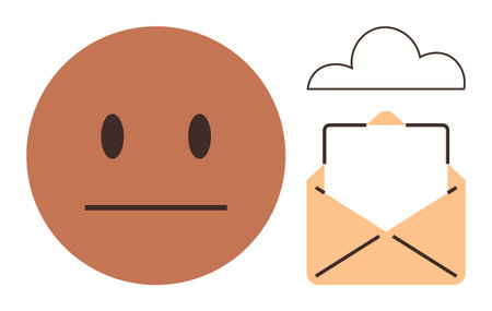 Neutral face alongside an open envelope and a cloud, symbolizing communication, messaging, feedback, storage, email, online interaction, and emotions in a simple flat metaphorのイラスト素材