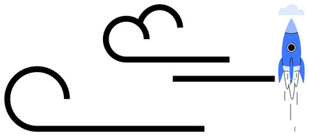 Rocket blasting off with stylized waves and cloud element, representing momentum and innovation. Ideal for themes thumbs up startup vision, creativity, goal setting, growth, success, technologyのイラスト素材