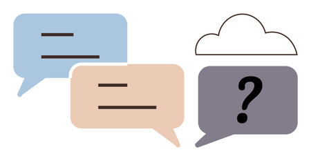 Colored speech bubbles with text and a question mark, paired with a cloud. Ideal for communication,...