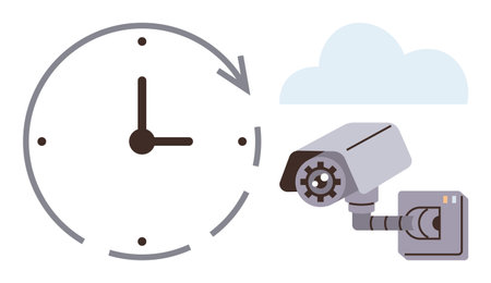 CCTV camera pointing outward with large clock symbolizing round-the-clock monitoring under blue cloud. Ideal for safety, security, surveillance, time management, data storage, cloud technologyのイラスト素材