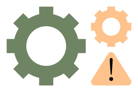 Two gears of differing sizes highlight teamwork a warning triangle suggests caution, system error, or attention needed. Ideal for process, teamwork, caution, alert, failure, planning systemのイラスト素材