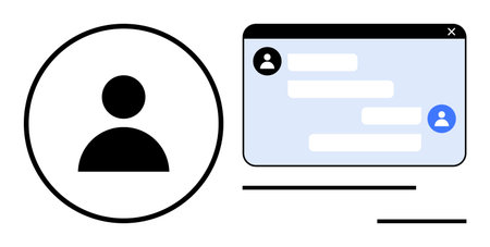 User avatar inside a circle and chat interface with conversation bubbles, profile icons, and placeholder text. Ideal for messaging app, communication, networking, UX design, customer supportのイラスト素材