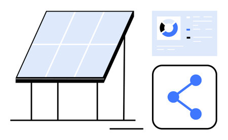 Solar panel generating energy, data visualization with pie chart and network icon. Ideal for clean energy solutions, sustainability, technology, environment, data, connectivity, simple landing pageのイラスト素材