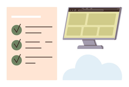 Task list with checkmarks, monitor displaying tiles above a soft cloud shape. Ideal for productivity, organization, workflow, online services, system management, task completion teamwork. Simpleのイラスト素材