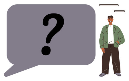 Man in a green jacket and dark pants beside a large speech bubble containing a question mark. Ideal for communication, inquiry, problem-solving, dialogue, curiosity, self-reflection, and educationのイラスト素材