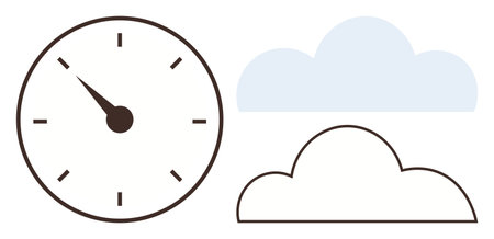 Analog clock with black hands and marks paired with outlined and shaded clouds. Ideal for time, weather, seasons, scheduling, simplicity, mindfulness, change. A simple flat metaphorのイラスト素材