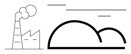 Industrial factory with smoking chimney releasing fumes near large cloud shape. Ideal for environmental issues, air pollution, industry impact, sustainability, climate change, ecology, minimalistのイラスト素材