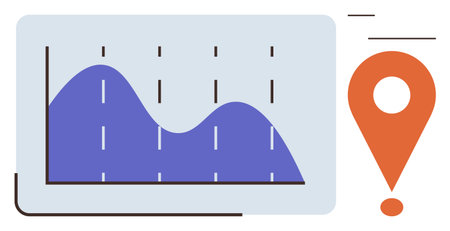 Graph with fluctuating data lines alongside a bold orange location marker. Ideal for analytics, business strategy, data trends, geolocation, market research, visualization, education. Simple flatのイラスト素材