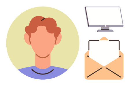 Stylized user avatar, blank monitor, and open envelope. Ideal for messaging, social media, email marketing, networking, communication technology and privacy themes. Clean flat metaphorのイラスト素材