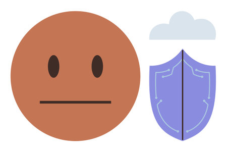 Neutral face next to shield under a small cloud symbolizing emotional resilience, mental health, and security. Ideal for mental wellness, stress management, personal growth, and mood balance themesのイラスト素材