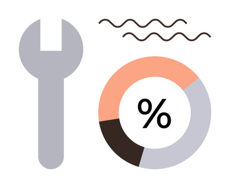 Wrench tool next to a percentage pie chart with wavy lines above. Ideal for analytics, data management, maintenance, process optimization, repair solutions, productivity, and industry conceptsのイラスト素材