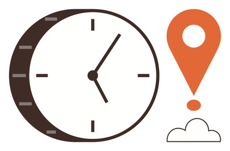 Analog clock paired with orange pin marker and cloud symbol. Ideal for time tracking, punctuality, planning, navigation, location services, productivity, logistics. Simple flat metaphorのイラスト素材