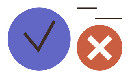 Blue checkmark on a circle next to orange cross inside a circle with floating lines. Ideal for decision-making, choice, approval, rejection, evaluation, correctness, or contrast. A simple flatのイラスト素材