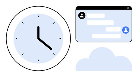 Clock symbolizing time, chat interface for communication, and a cloud for digital storage. Ideal for...