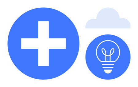 White plus sign in a blue circle, blue lightbulb icon symbolizing ideas, cloud for connectivity....