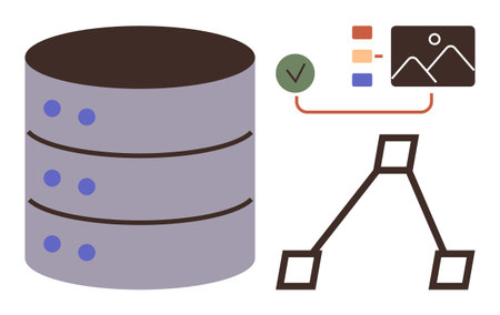 Database stack, connected chart, checkmark, and file thumbnail. Ideal for data management, storage,...