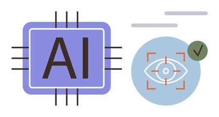 AI processor with circuits alongside an eye in a focus frame, symbolizing vision recognition. Ideal...